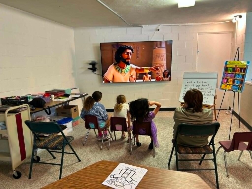 Children watching a Bible story video