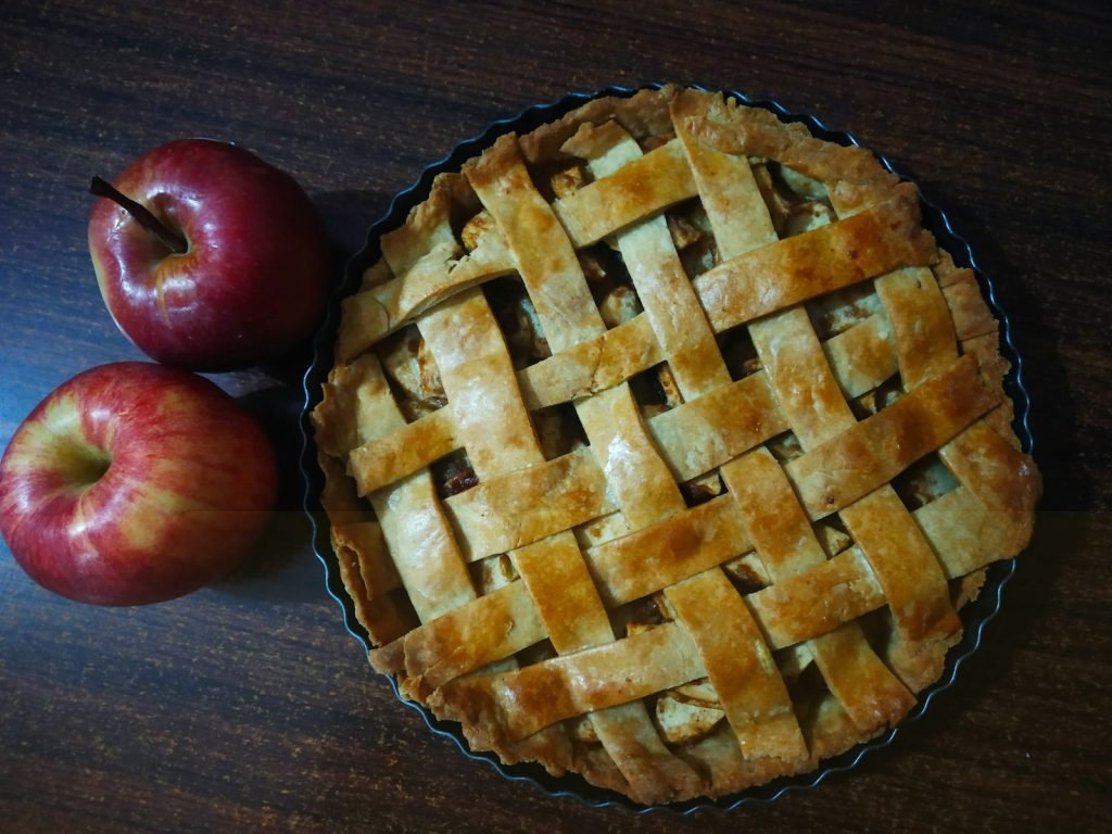 A golden lattice-topped apple pie
