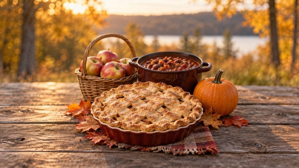 An apple pie, a pot of chili, a basket of apples and a pumpkin on a wooden table, with fall colour behind.